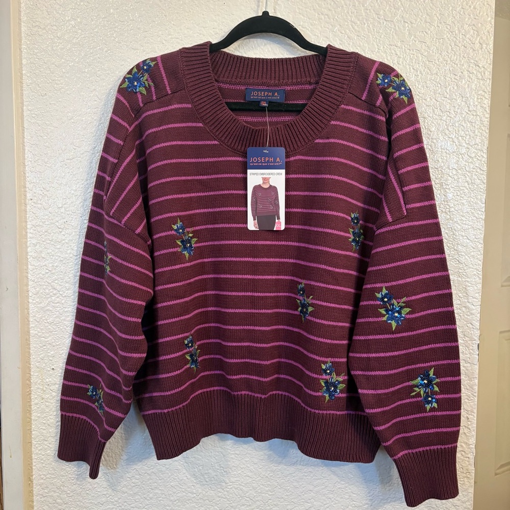 Joseph‎ A. Striped Embroidered Crewneck Sweater Women XXL Burgundy, Pink Floral